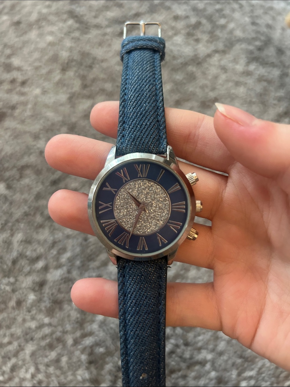 Navy Blue Glitter Dial Watch with Denim Strap
